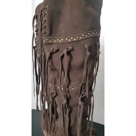 Anthropologie Mojo Moxy “Frilled” Brown Fringe Knee-High Boots 8.5 Boho Western - Picture 10 of 14